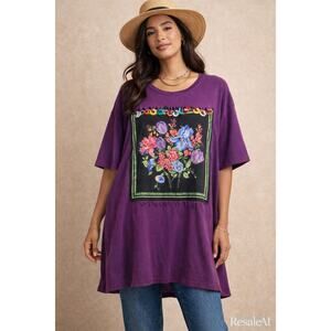 Polo Raph Lauren Purple Graphic Embellished T-Shirt Tunic Boho Folk Art XXL